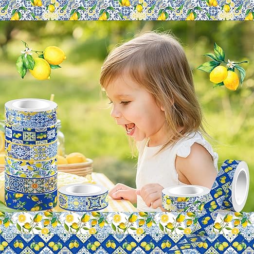 Adirasenotek Lemon Washi Tape 12 Rolls, Blue Tiles Yellow Lemon Printed Decorative Washi Tape Set, DIY Art Crafts Wrapping Decor for Gifts Wrapping,Wedding Bridal Shower