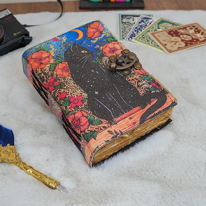 Blank Spell Book of Shadows Grimoire Journal Magic Cat Printed Witchcraft Supplies Witch Wiccan Notebook Handmade Vintage Deckle Paper Leather Sketchbook, Great Gifts 7x5 inches