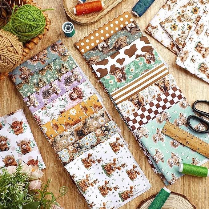 HunnmingRe 20 Pcs 10''x10'' Vintage Highland Cow Quilting Fabric Square Retro Highland Cow Quiltted Fabric Bundle Multicolor Precuts Printed Patchwork Supplies for Holiday DIY Sewing Craft