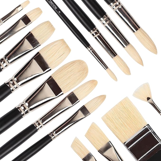 Falling in Art Natural Bristle Professional Paintbrush Set, 15PCS Long Handled Paint Brushes for Acrylic Painting, Oil Paint Brushes with Bamboo Storage Pouch