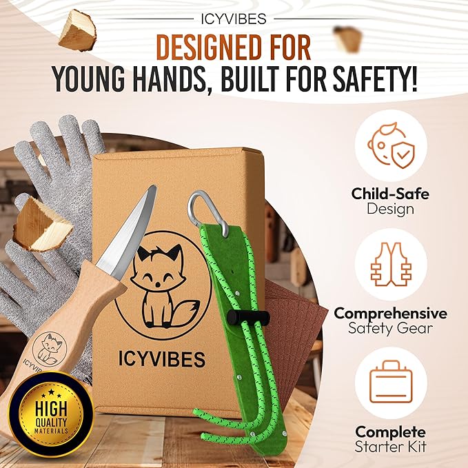 Premium Wood Carving Kit for Kids - 2026 Upgraded Gift 9 Pcs Whittling Knife Set with Safety Gloves Chisel Pocket-Friendly Working Tools Leather Case Creative Bowl Sharpener Perfect Gifts (Green)