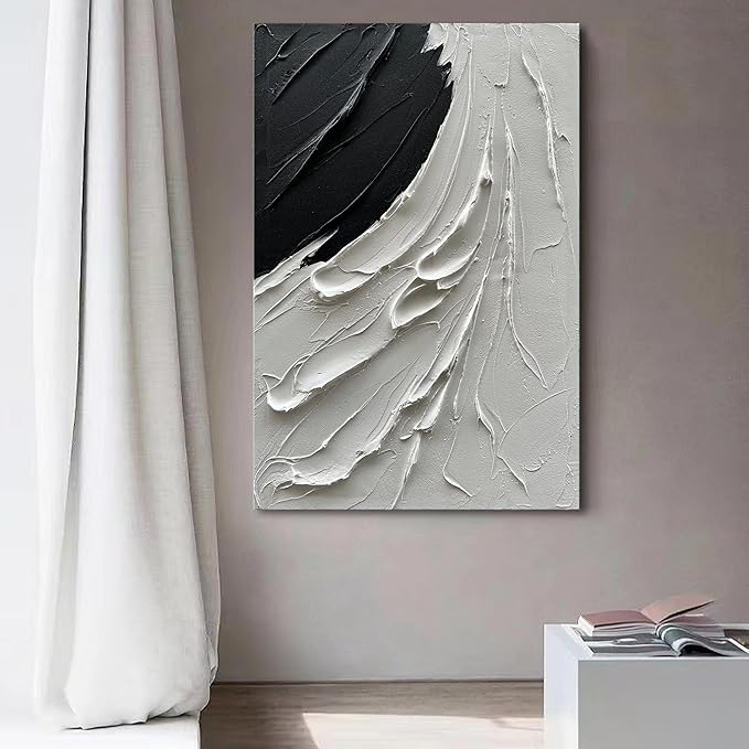 NANKAI Art 36x24 Inches Hand-Painted Thick Textured Black and White Minimalist Oil Painting Home Wall Decorative Art Oil Painting