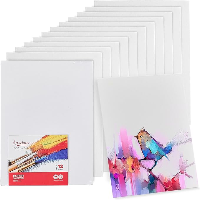 Artlicious Canvases for Painting - Pack of 12, 9 x 12 Inch Blank White Canvas Boards - 100% Cotton Art Panels for Oil, Acrylic & Watercolor Paint