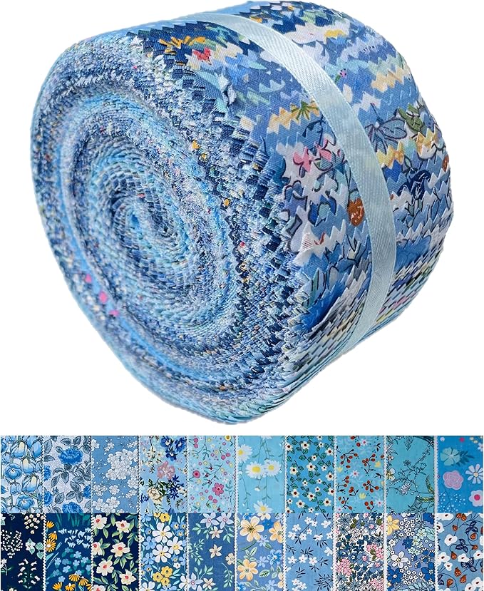 LUMANSUO Jelly Roll Fabric Strips 40PCS (2.5 x 44 Inch)- 20 Assorted Floral Prints, 100% Cotton, Precut Fabrics for Needlecraft and Quilting Sewing， Blue Moonlight