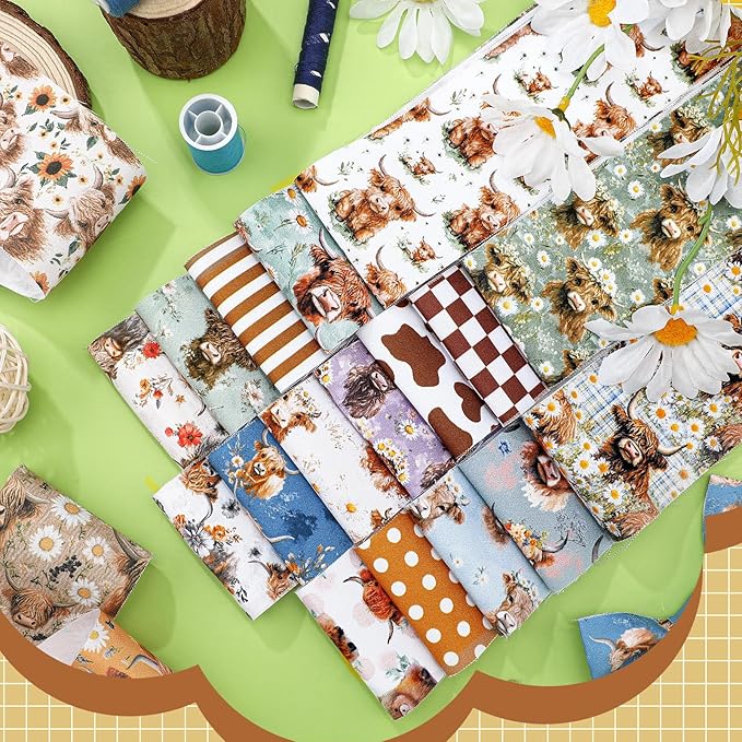 Ganeen 100 Pcs Highland Cow Quilting Fabric Roll 2.56 Inch Fabric Squares Jelly Patchwork Precut Strips Bundles for Holiday Materials Craft DIY Sewing Cloths