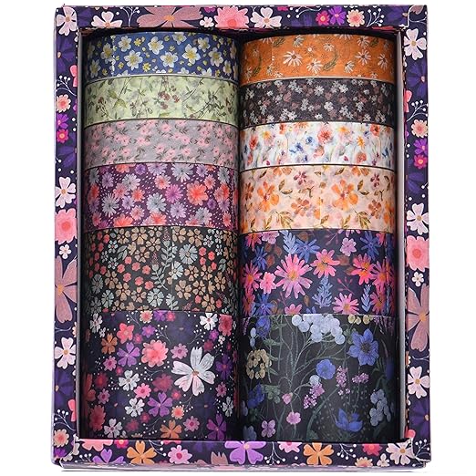 12 Rolls Flowers Washi Tape Set Floral Arts Adhesive Tapes Blooming Garden Decorative Masking Tape Sets for Craft, Kids, Scrapbook, DIY, Gift Wrapping (Forested Islet)