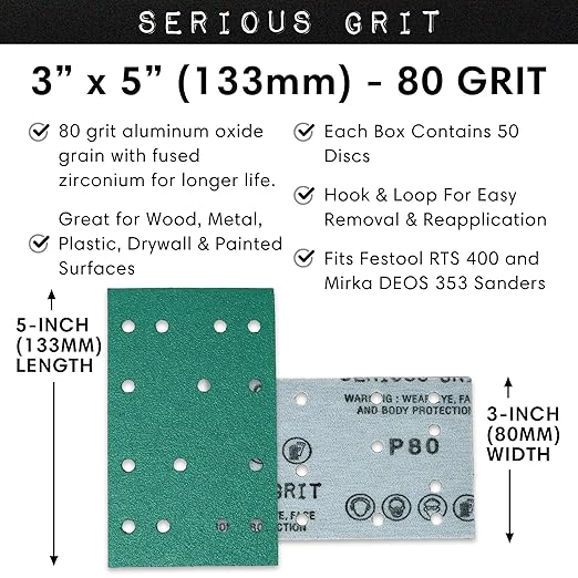 Serious Grit - 3" x 5" (80mm x 133mm) 14-Hole 80 Grit Sanding Sheets - Fits Festool RTS 400 & Mirka Deos 353 - Heavy-Duty Hook & Loop Film Abrasives - Sandpaper for Sheet Sanders - 50 Pack Box