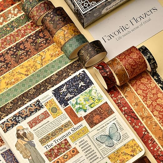 12 Rolls Chinoiserie Washi Tape Set Chinese Arts Adhesive Tapes Geometric Garden Decorative Masking Tape Sets for Craft, Kids, Scrapbook, DIY, Gift Wrapping (Almond Blossom Ridge)