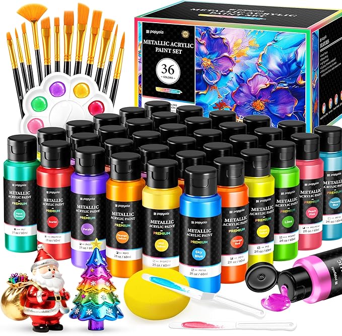 52 PCS Metallic Acrylic Paint Set with 12 Brushes, 2 Knives & Palette, 36 Colors (2oz/60ml) Art Craft Paint for Adults Kids Artists Beginners, Canvas Ceramic Rocks Wood Painting Kit Art Supplies