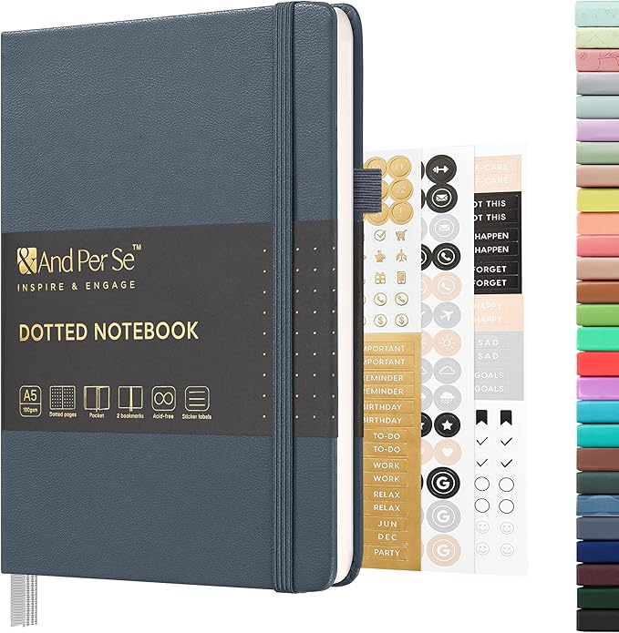&And Per Se Dotted Journal Notebook, A5 Hardcover Leather Bullet Dotted Journal, 160 Pages 100 gsm Thick Paper, 3 Sheets of Stickers Included - 5.7'' x 8'' (Dark Blue)