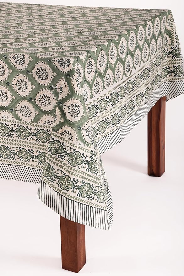 ATOSII Kari Green 100% Cotton Rectangle Boho Summer Tablecloth, Block Print Floral Table Cloth Linen for Dining, Parties, Wedding, Outdoors Home Decor 72 X 108 Inches I 8 Seater I