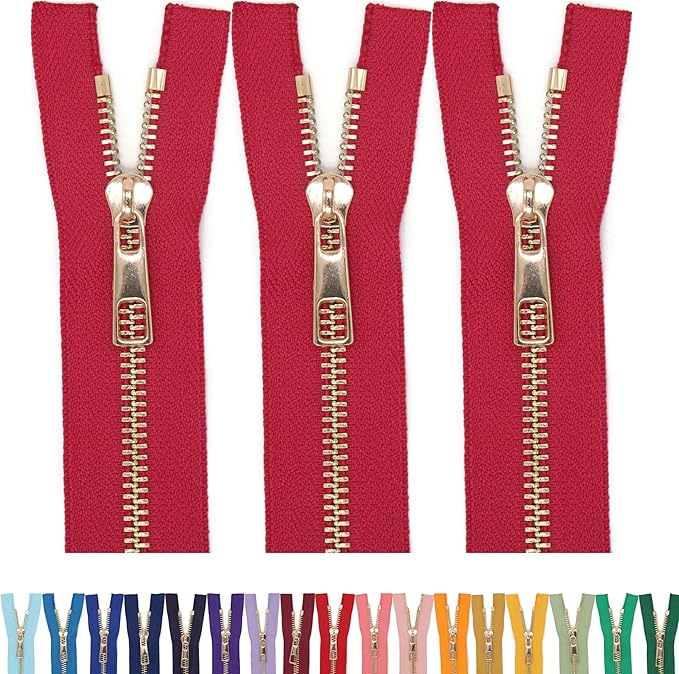#5 Gold Metal Zipper - 50+ Colors - 3 PCS - (4-14 inches) Sizes - Luxury Lightweight Handcraft Metal Zippers with pulls for Purses Bags Pockets Shoes Sewing & Crafts DIY ZP02224