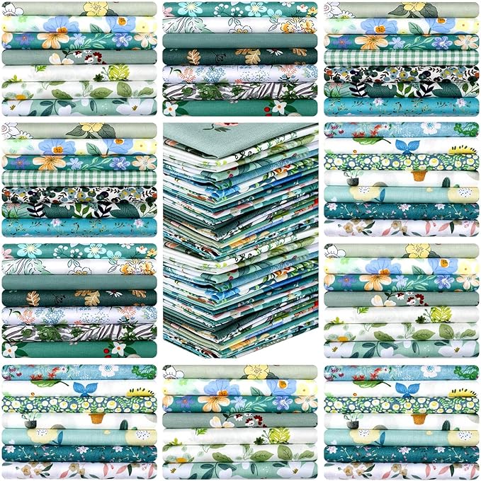 Tudomro 70 Pcs 10 x 10 Inch Cotton Fabric Squares Multicolor Quilting Fabric Bundles Precut Printed Patchwork Materials for Holiday DIY Crafts Cloths Handmade(Green Floral)
