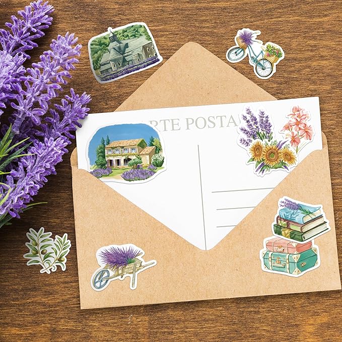 Navy Peony Summer in Provence Travel Stickers (28pcs) - Watercolor, France Lavender-Themed Vacation Decals for Scrapbooks, Water Bottle, Luggage