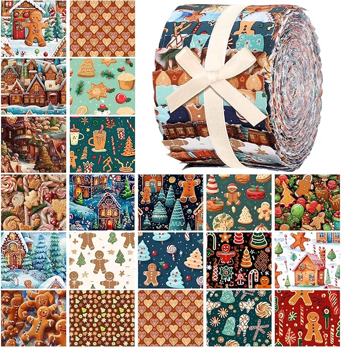 40 Pcs Christmas Gingerbread Man Quilting Fabric Roll 2.56 Inch Precut Fabric Squares Jelly Patchwork Candy Canes Strips Materials for Winter Xmas Holiday Craft Sewing Panels DIY