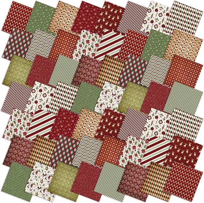 Oudain 60 Pcs 10 x 10 Inch Christmas Vintage Stripe Quilting Fabric Squares Vintage Xmas Fat Patchwork Precut Strips Santa Deer Fabric Bundles for Xmas DIY Craft Sewing