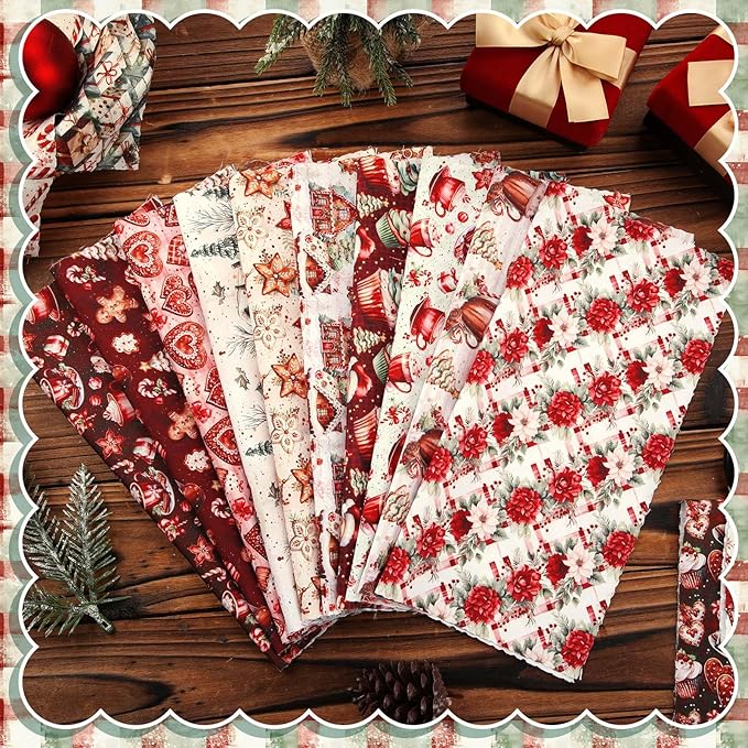 Oudain 60 Pcs 10 x 10 Inch Gingerbread Man Quilting Fabric Squares Vintage Christmas Fat Patchwork Precut Strips Candy Cane Fabric Bundles for Xmas DIY Craft Sewing Handmade Materials