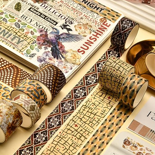 8 Rolls Retro Washi Tape Set Vintage Arts Adhesive Tapes Wide Painting Patterned Decorative Masking Tape Sets for Craft, Kids, Scrapbook, DIY, Gift Wrapping (Geometric Aesthetics)