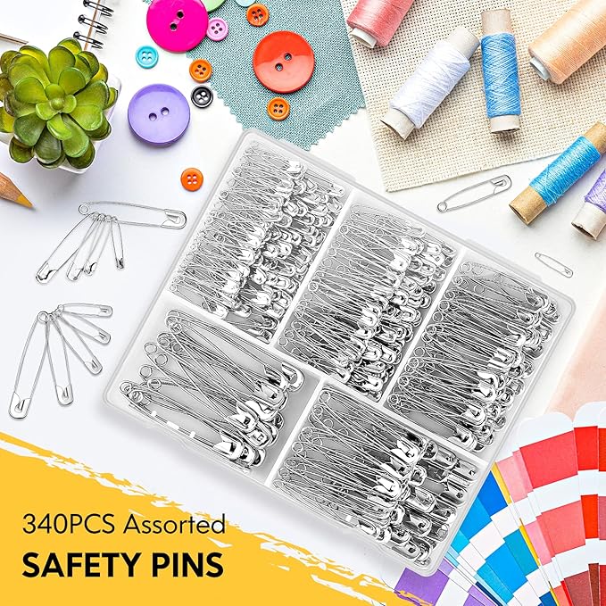 Huhuhero 340 Pack Safety Pins Assorted, Small & Large Heavy Duty Safety Pins for Clothes Costume Sewing, 5 Different Sizes Nickel Plated Steel Pin Bulk, Crafts Art Supplies, Silver