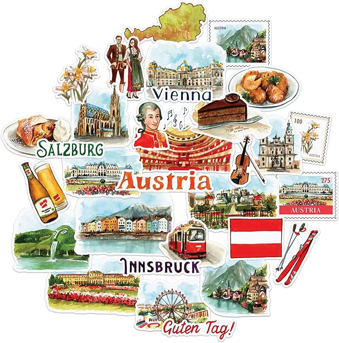 Navy Peony Classical Austria Travel Stickers (31pcs) - Watercolor, Waterproof Iconic Vacation Decals for Journals, Scrapbooks, Water Bottles, Suitcase