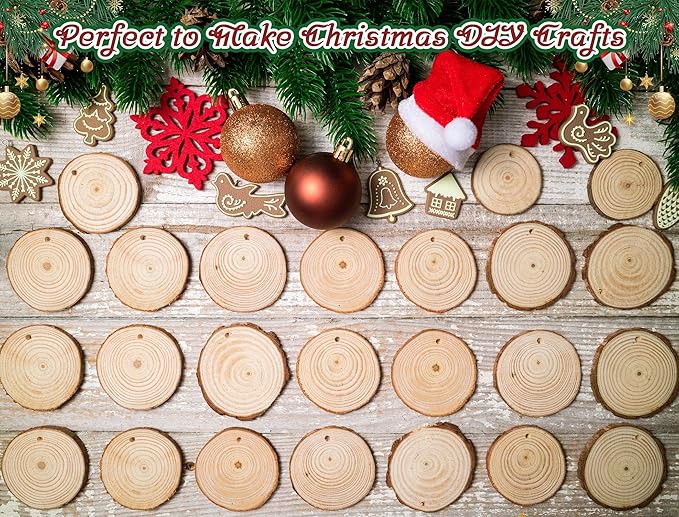 Tioncy 150 Pcs Wood Slices 3"-3.5" Unfinished Wood Rounds with Pre-drilled Hole and 9 Roll Twine String Natural Wooden Circles Hanging Ornaments Craft for Home Decor Painting DIY Party