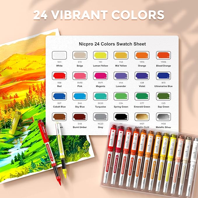 Nicpro 24 Colors Acrylic Paint Markers Brush Tip, Water-Based No-Bleed Paint Markers with Automatic Ink Control, Waterproof Acrylic Paint Pens for DIY Art & Crafts - Rock, Wood, Glass, Ceramic, Fabric