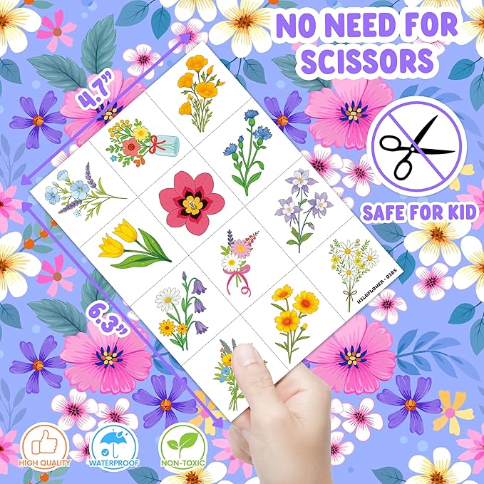 96 PCS Small Wildflower Pre-Cut Temporary Tattoos for Kids | Super Cute Floral Themed Birthday Party Favors, Supplies, Decorations, Fake Tattoo Stickers, School Rewards Prizes & Gifts for Boys Girls