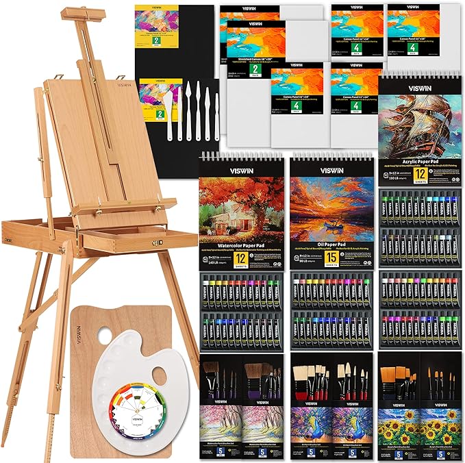 VISWIN Professional All-in-One Art Painting Kit with Beech Wood French Easel, 96 Acrylic, Watercolor & Oil Paint Set, Canvases, Painting Set with Supplies for Adults, Artists, Beginners