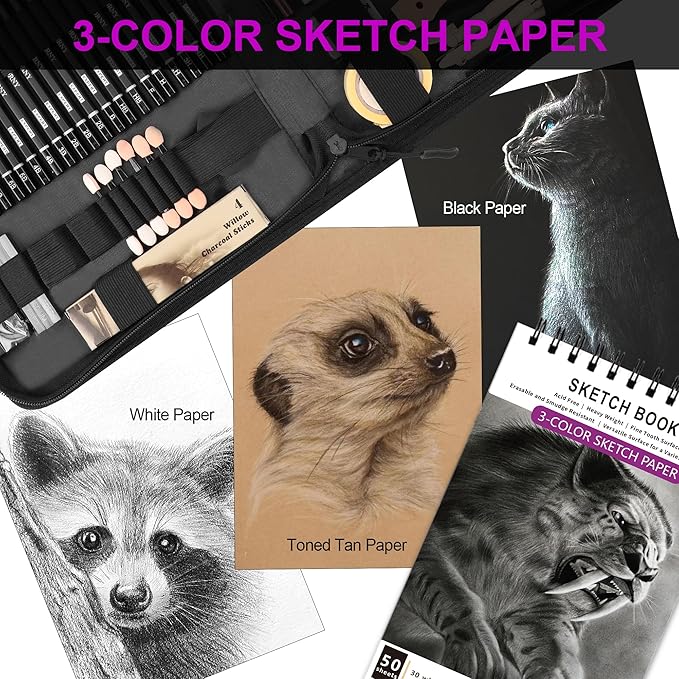 HIFORNY 70 Pcs Drawing Set Sketching Kit - Sketch Pencils Art Supplies for Adults Artists Kids with 3-Color Sketchbook,Graphite,Pastel,Charcoal Pencils,Blending Tools