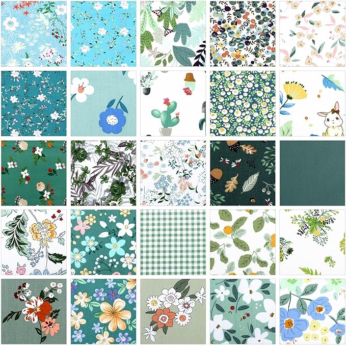 Tudomro 70 Pcs 10 x 10 Inch Cotton Fabric Squares Multicolor Quilting Fabric Bundles Precut Printed Patchwork Materials for Holiday DIY Crafts Cloths Handmade(Green Floral)