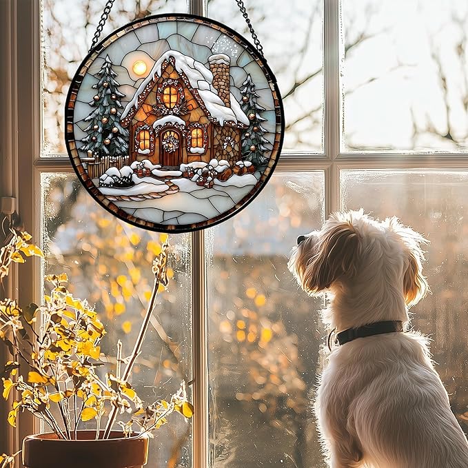 Stained Glass Window Hanging - Christmas Tree Cottage Sun Catcher for Door Garden Home Winter Decor Snowy Night Suncatcher Mother's Day Birthday Gifts for Women Men Mom Nana 6.3 in