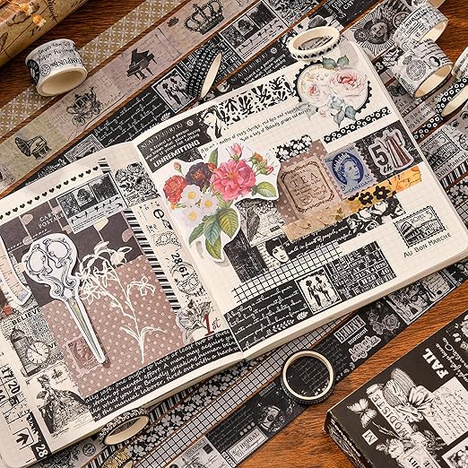 20 Rolls Vintage Washi Tape Set Retro Arts Adhesive Tapes Fleeting Monologue Decorative Masking Tape Sets for Craft, Kids, Scrapbook, DIY, Gift Wrapping (Black & White Memories)