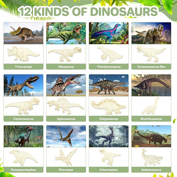 36 Pcs DIY Wooden Magnets, Unfinished Wood Dinosaur Animal Cutouts Ornaments for Crafts, Wooden DIY Paint Craft,Wood Discs Slices Dino Shapes Blank Hanging Embellishment for Kids Home Decor