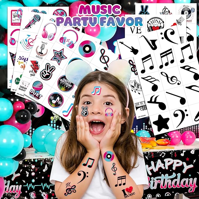 (96PCS) Music Note Notes Musical Motivational Pre-Cut Temporary Tattoos for Kids Birthday Themed Party Supplies Decorations Favors Super Cute Instrument Stickers Tattoo Gifts for Boys Girls Rewards