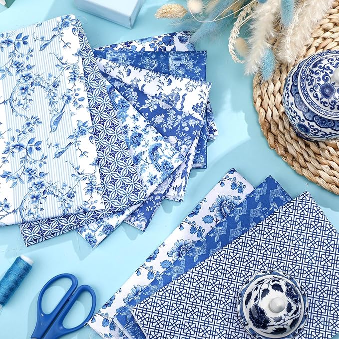 Hahafelt 10 Pcs Vintage Floral Quilting Fabric Bundles 18 x 22 Inch Blue White Porcelain Flower Fat Quarters Chinoiserie Precut Quilting Patchwork for DIY Sewing DIY Craft Decor