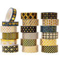 YUBBAEX 18 Rolls Black Gold Washi Tape Set Basic Patterns Foil Print Decorative Tapes for Arts, DIY Crafts, Bullet Journals, Planners, Scrapbook, Wrapping (15mm) (Black Gold Pack x 18 Rolls)