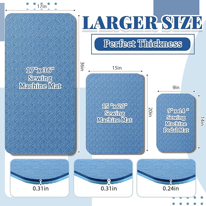 3 Pcs Sewing Machine Muffling Mat Pedal Mat Sewing Machine Pad No Slip Rubber Stay in Place Mats for Calms Vibration (Blue,15 x 20 Inch,14 x 9 Inch,17 x 36 Inch)