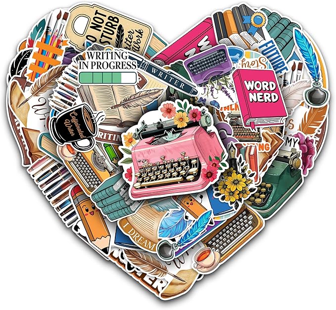 Writer Stickers 50 Pieces Writing Author Sticker Vinyl Waterproof Decal for Laptop Water Bottle Phone Car Window Stakeboard Scrapbook Gifts for Kid Teen Adult