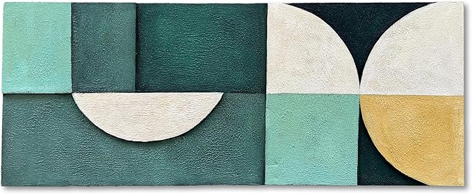 Art Hand-Painted Blue and Green Geometric Figure Abstract Oil Painting 24x60-inch Large Canvas Art Wall for Home and Office Wall Decoration