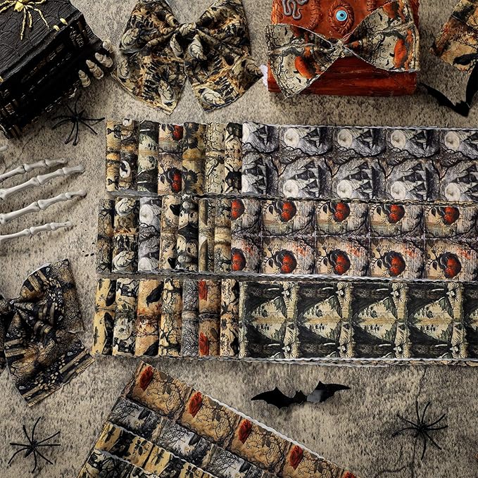 Ganeen 100 Pcs Vintage Halloween Quilting Fabric Roll Skeleton 2. 56 Inch Fabric Squares Jelly Patchwork Precut Strips Bundles for Holiday Materials Craft DIY Sewing Cloths