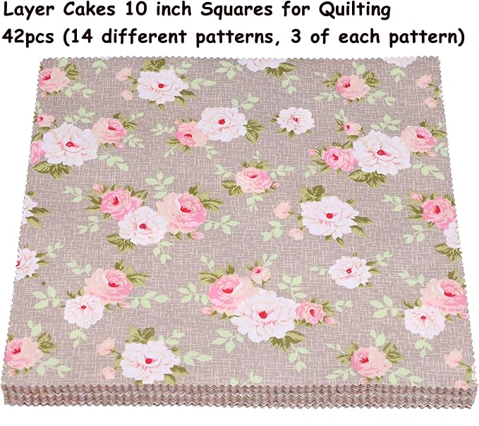 42 Pcs Layer Cake Fabric Clearance, Layer Cakes 10 inch Squares for Quilting, Pre-Cuts 10" x 10" Fabric Squares for Quilting, Sewing, Patchwork, and DIY Crafts - Vintage Light Brown