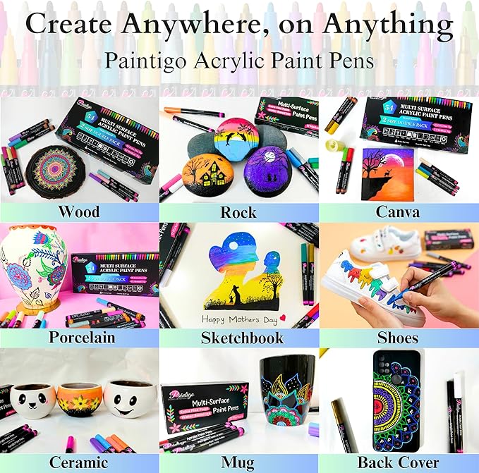 PAINTIGO 54 Colors Acrylic Paint Markers – 0.7mm Fine & 3mm Medium Tips for DIY Crafts, Rock Painting, Wood, Canvas, Glass, Fabric, Ceramic, Plastic & More