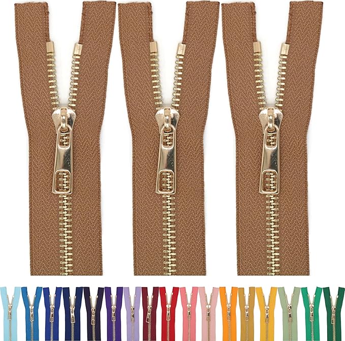 #5 Gold Metal Zipper - 50+ Colors - 3 PCS - (4-14 inches) Sizes - Luxury Lightweight Handcraft Metal Zippers with pulls for Purses Bags Pockets Shoes Sewing & Crafts DIY ZP024514