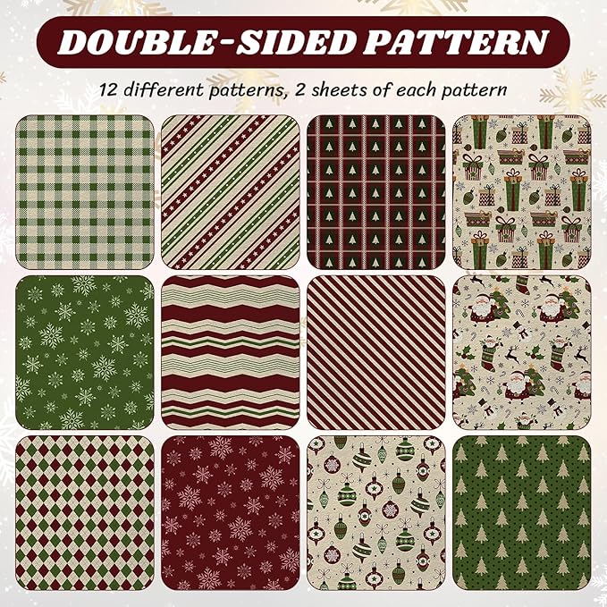 24 Sheets Christmas Scrapbook Paper 12'' × 12'' Double-Sided Xmas Red Green Pattern Paper Decorative Art Cardstock for Holiday DIY Crafts Card Making Scrapbook Supplies
