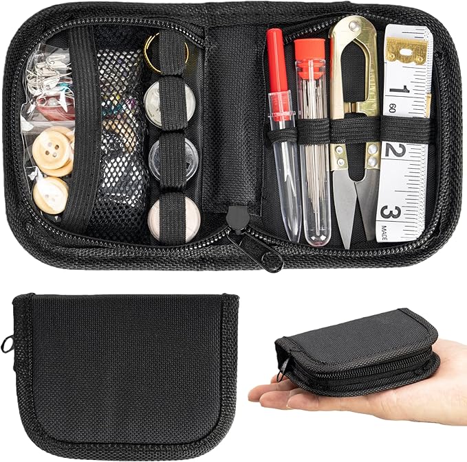 VEPKOIT Military Survival Sewing Kit, Portable Sewing Kit with Buttons for Men or Women, Small Repair Tools with Zipper Closure in Durable Nylon Case for Travel Field Emergency (Black)
