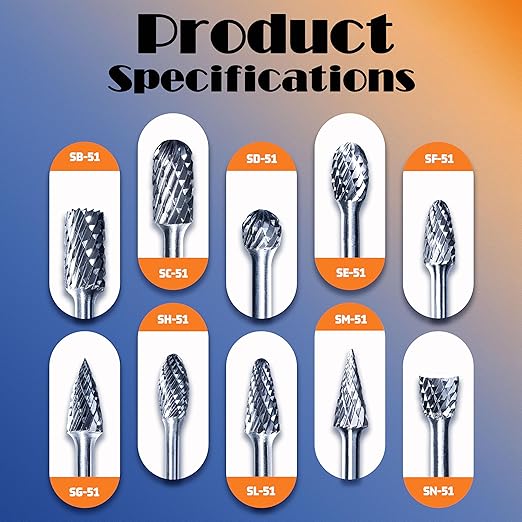 Carbide Double Cut Rotary Files Set of 10 PCS 1/4" Cutting Diameter 1/8" Shank Carbide Burrs of Rotary Tools for Metalworking, Wood Carving