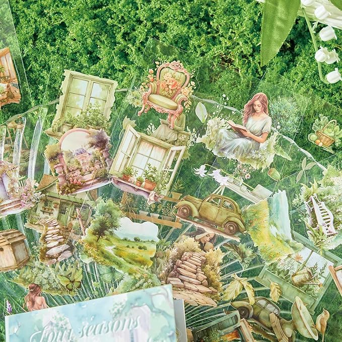 MAFELOE 20 Pages PET Scrapbook Stickers, Aesthetic Deco Supplies for Journaling Junk Bullet Diary Album Calendars-Travel Scenery Series-Green (Y3-P-SSYS)