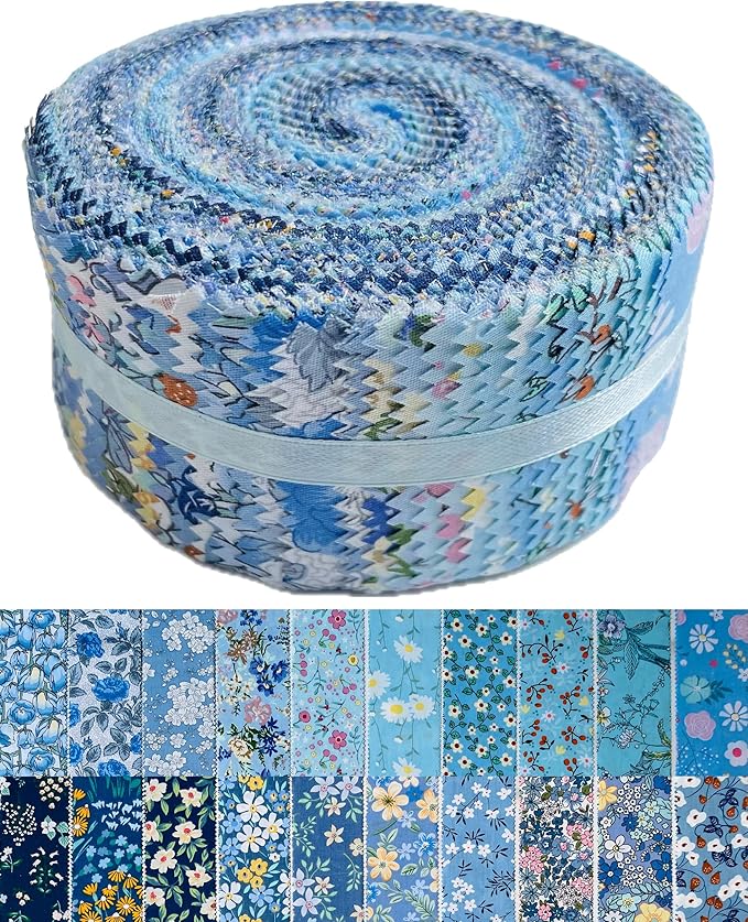 Jelly Roll Fabric 100% Cotton Quilting Fabric, 40 Pre-Cut Strips (2.5 x 44 Inch) for Quilting and Sewing - 20 Assorted Floral Prints- Blue Mediterranean