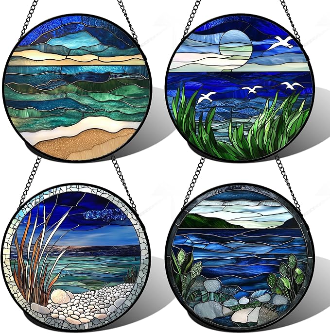 Stained Glass Window Hanging 4 Pcs Set Navy Blue Ocean Landscape Large 11.8" - Suncatcher Door Garden Sun Catcher Decor Birthday Mother's Day for Mom Woman Nana Girl Boy Friend