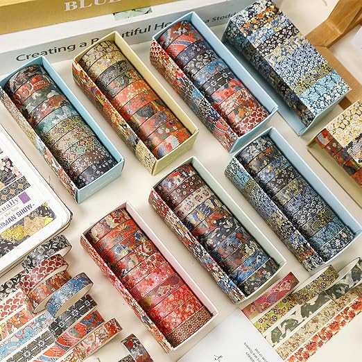 10 Rolls Ukiyo-e Style Washi Tape Set Japanese Kyoto Arts Adhesive Tapes Skinny Decorative Masking Tape Sets for Craft, Kids, Scrapbook, DIY, Gift Wrapping (Golden Seasons)
